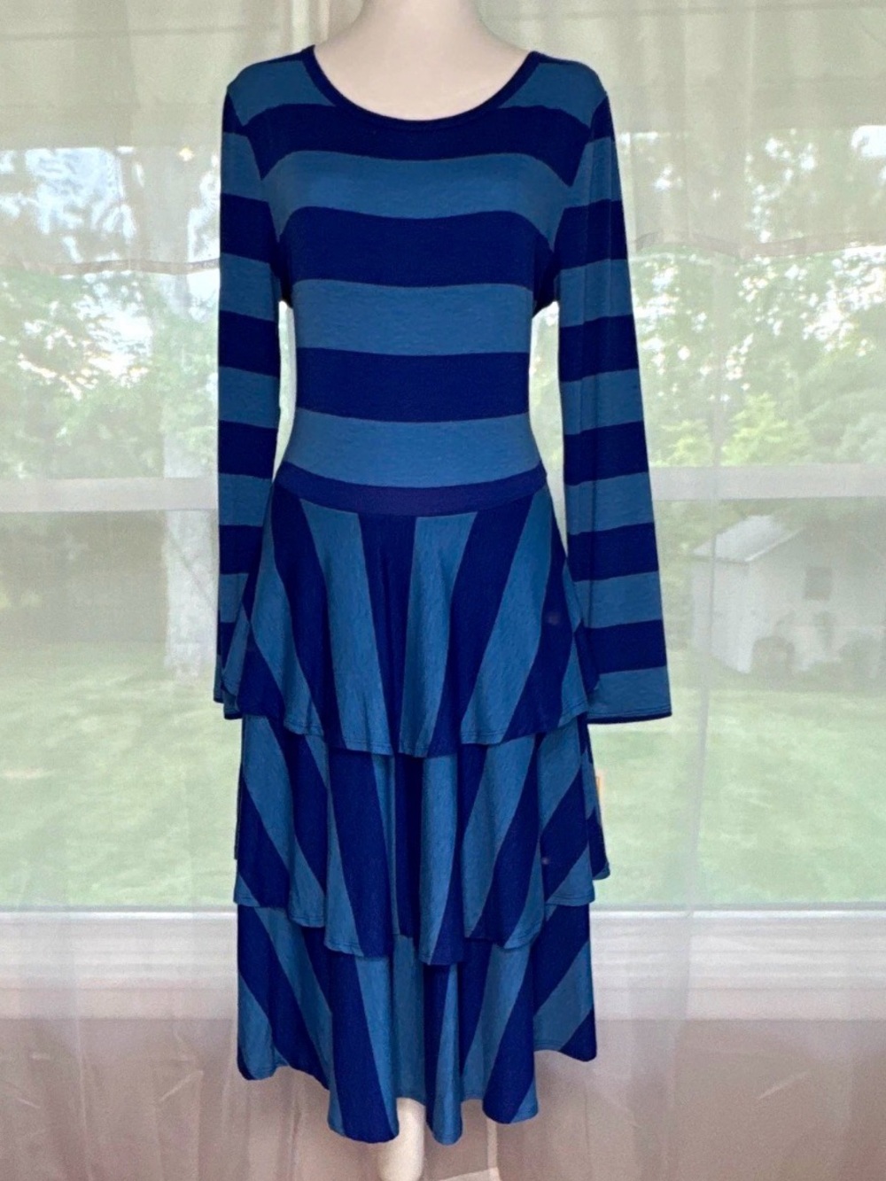 LaLaRoe Georgia Two-Toned Blue Striped Long-Sleeve Tiered Dress
